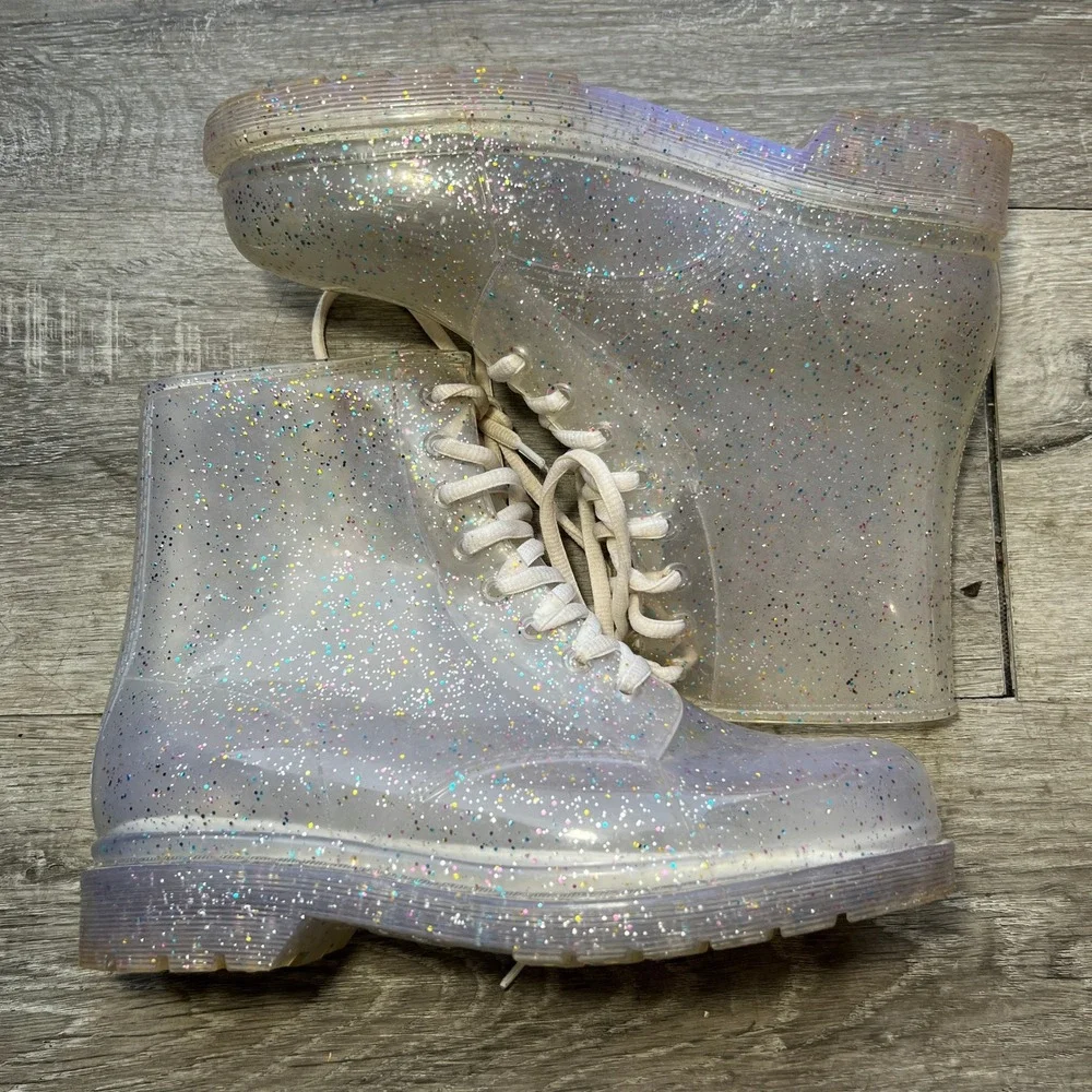 Y2K Urban Outfitters Combat Boots Clear Glitter Jelly Womens 8  Lace Up FESTIVAL